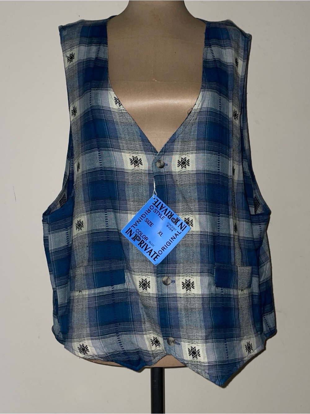 VNTGE nwt-Sears Blue and White Plaid‎ Button Vest vest-grunge meets western